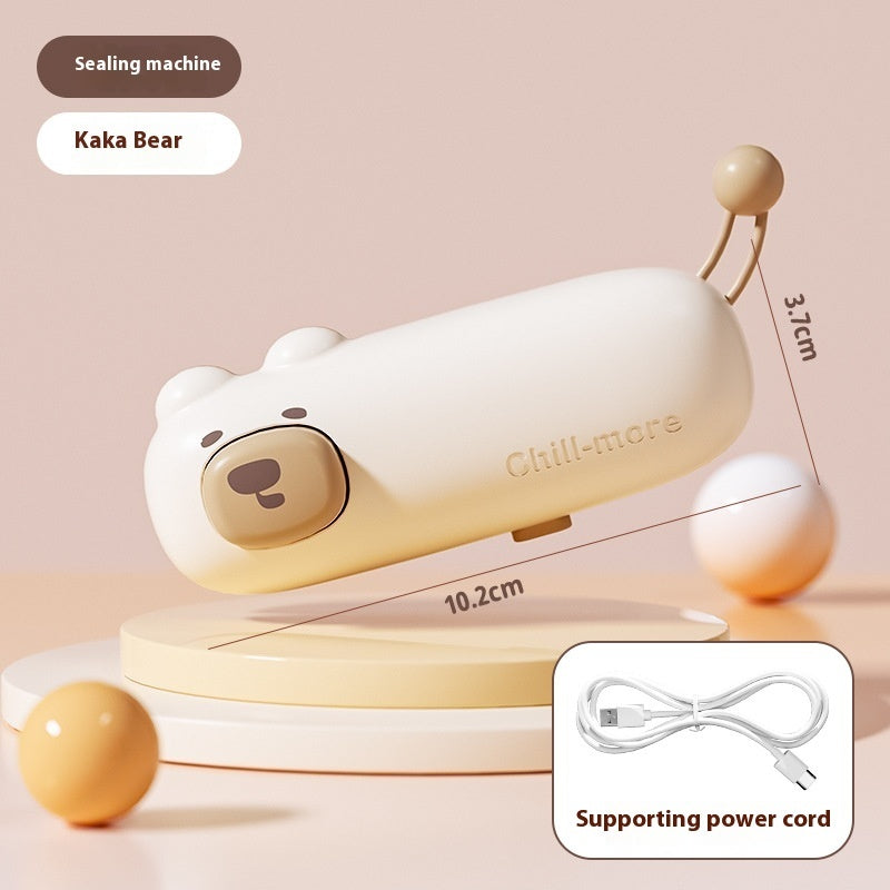 Coffee Bear bag sealer and cutter with USB charging cable and dimensions
