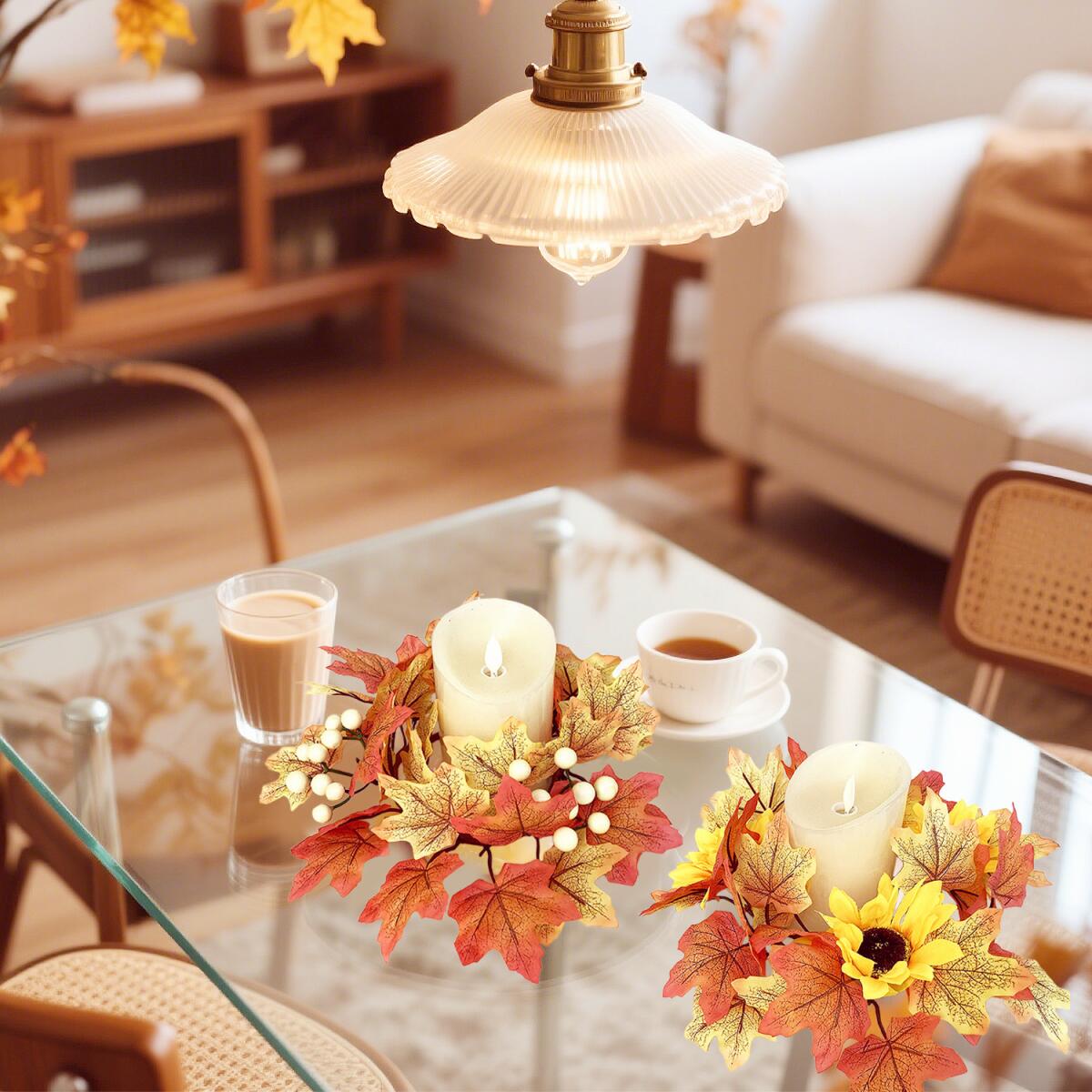 Autumn maple and sunflower candle rings set of two, view 1